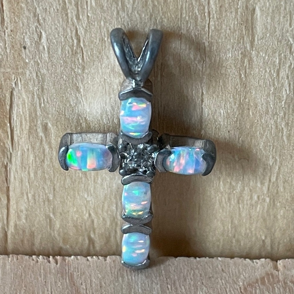 Sterling Silver 925 Lab Created Opal Cross Pendant Religious Charm